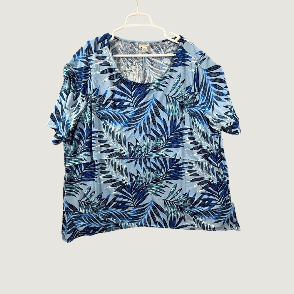Avenue Womens Blue Tropical Palm Leaf Layered Front Short Sleeve Top Plus 26/28